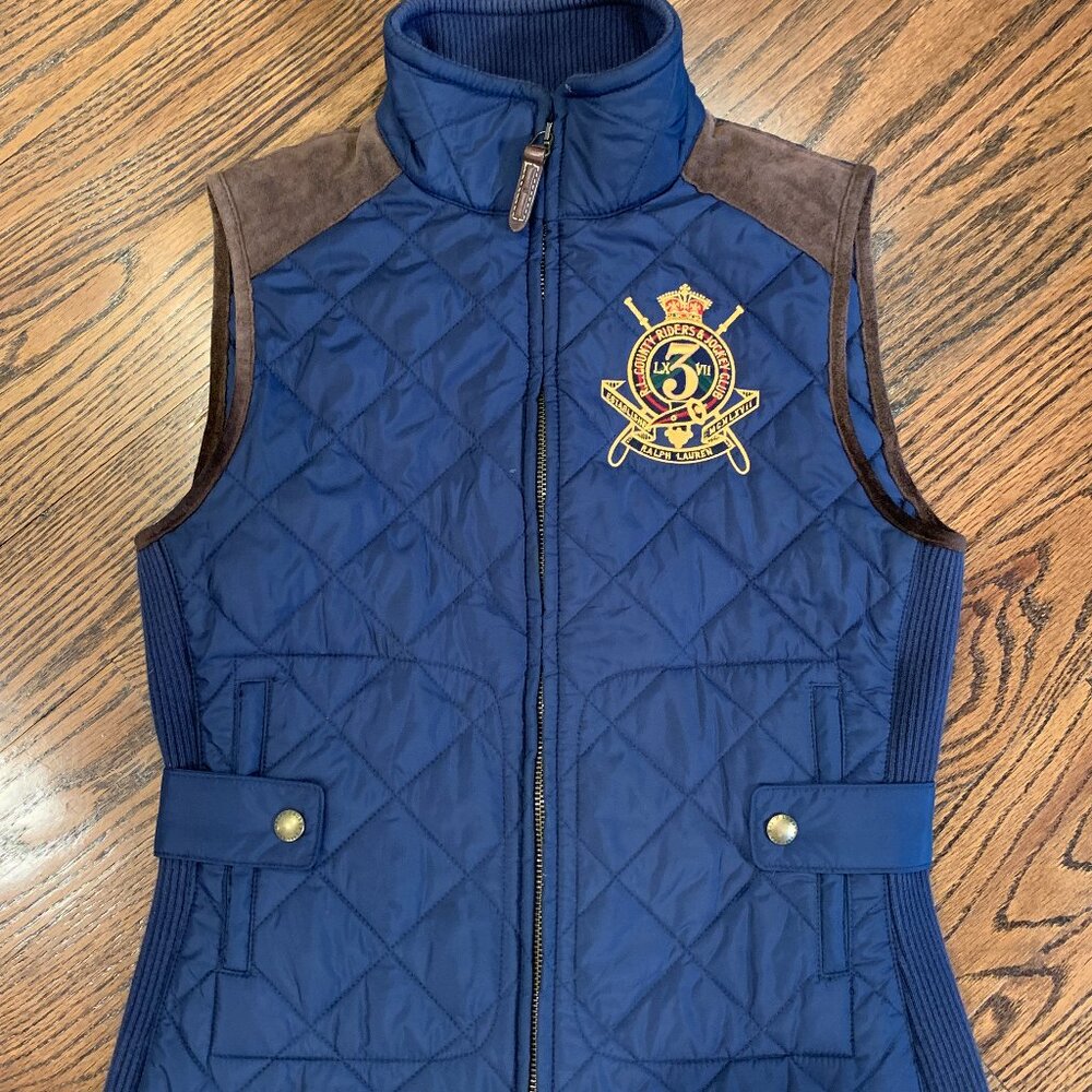 Ralph Lauren Sport Navy Blue County Riders Jockey Club Quilted Vest S/P